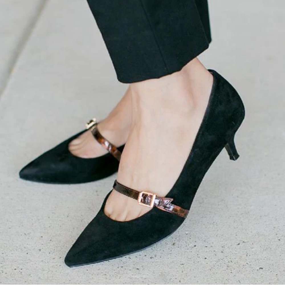 Vionic Black Suede Pointed Mary Jane Heels with Metallic Rose Gold Strap